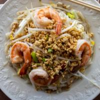 Pad Thai With Shrimp · The most famous Thai noodle dish, fried with shrimp, ground peanuts, eggs, bean sprouts, sca...