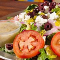 Greek (Small) · Spinach and romaine, roma tomatoes, red onions, kalamata olives, pepperoncini, and feta chee...