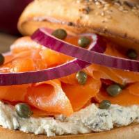 Lox Bagel · Smoked Salmon,  Cream Cheese, Tomato, Red Onion, Cucumber on a bagel