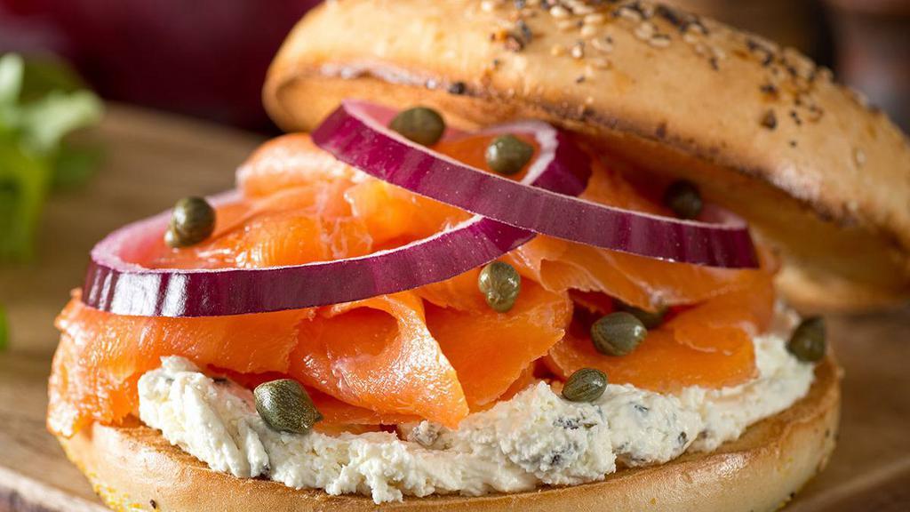 Lox Bagel · Smoked Salmon,  Cream Cheese, Tomato, Red Onion, Cucumber on a bagel