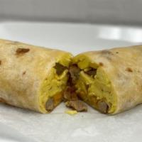 Breakfast Burrito · Sausage, Ham or Bacon, Egg and cheddar cheese