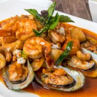 Phuket Seafood · Spicy. Stir-fried shrimp, scallop, squid, mussels, cashew nut, onions, bell peppers and slic...