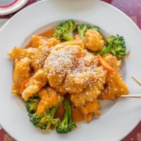 Sesame Chicken · Lightly breaded chicken stir-fried with house spicy sauce.