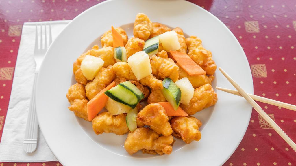 Sweet And Sour Chicken Combo · Lightly Breaded Chicken, Fried until golden& crispy. 
Served with homemade sweet & sour sauce with vegetables.