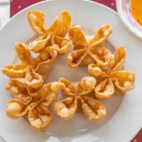 Crab Rangoon (6Pcs) · Stuffed with crab, cream cheese. Fried to a golden crisp.