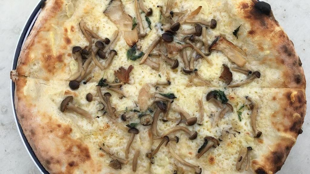 Cat Wild Mushroom Pizza · Burrata Cheese, Garlic, Chili Flake, Vinegar & Thyme (V)