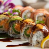 Grace (8 Pcs) · Deep fried jalapeno with spicy salmon inside, topped with eel & avocado, Eel sauce + spicy m...