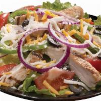 Regular Tuscan Grilled Chicken Salad · Grilled chicken with fresh greens, red onions, green peppers, black olives and tomatoes. Spr...
