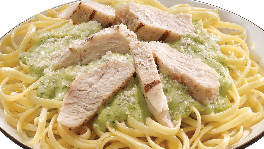 Chicken Pesto Pasta · Grilled chicken strips on pasta with creamy basil pesto and finished with Pecorino Romano cheese.