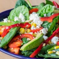 It'S Goat Time · Fresh spinach, avocado, cherry tomatoes, corn, and fresh red peppers. Topped with pine nuts ...