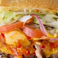 #35 The Coyote · Lean roast beef, lettuce, tomato, red onion, hot cherry peppers, zesty horseradish sauce, an...