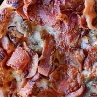 Ind Mountain Cur · Homemade pizza sauce, pepperoni, pulled pork, sausage, ham, and bacon, smothered with mozzar...