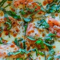 Sm Ricky Ricotta · A white pizza lover’s dream! Touch of garlic butter, ricotta and mozzarella cheeses, fresh t...