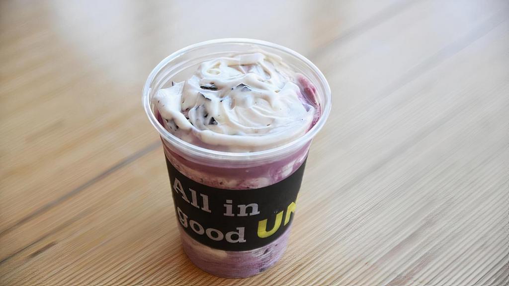 Blackberry Chunk · Vanilla frozen custard blended with juicy blackberries and chocolate chunks.