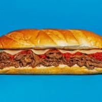 Pizza Cheesesteak · Sliced steak with melted provolone and mozzarella, and marinara on a hoagie roll.