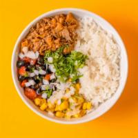 Vegan Burrito Bowl · Urban cowboy vegan meat (Asada), black beans, cilantro lime rice, fiesta corn with cilantro ...