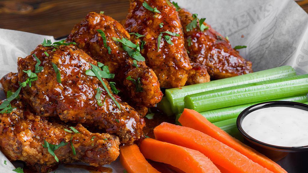 Sweet & Spicy Asian · R&B's Favorite! Thai Chili Glaze, Ranch Dressing, Carrots & Celery.  spicy