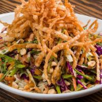Asian Chicken Salad · Red & Green Cabbage, Snow Peas, Carrots, Grilled Chicken, Peanuts, Cilantro, Wonton Strips, ...
