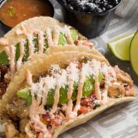 Spicy Chicken Tacos · Artisan Tortillas – Grilled Chicken – Roasted Corn – 
Red Onion – Mild Peppers – Lime Aioli ...
