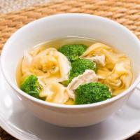 Wonton Soup · Chicken stuffed wontons with sliced chicken and broccoli in a light clear broth.