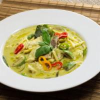 Green Curry · Thai spicy. Gluten-free. The spiciest curry that made from fresh green chili, coconut milk, ...