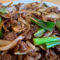 Mongolian Beef · Mild Spicy, Beef Flank, Onion, Green Onion