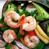 Shrimp W/ Mixed Vegetable · 8 pcs, Shrimp, Broccoli, Carrot, Celery Cabbage, Snow Been, Baby Corn, Seafood Mushroom, Bel...