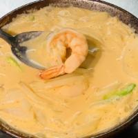 Massaman Curry · Massaman Curry Soup, with Snow Bean, Bamboo Shot, Basil, Pineapple, Coconut Milk