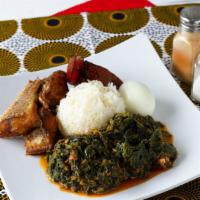 White Rice With Spinach & Fish · White rice with spinach and croaker.
Includes:
1 Bowl of White Rice
3Pc Croaker
1 Egg