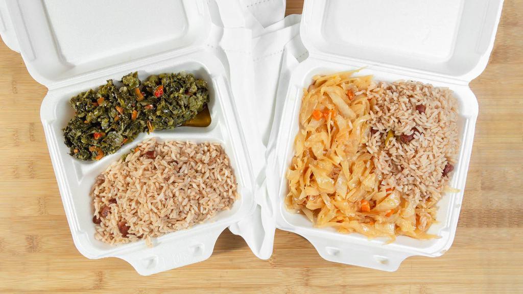Vegie Platter · Rice and peas cabbage fry plantains callaloo and salt-fish.