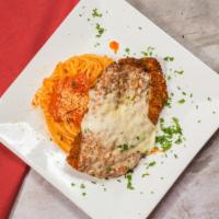 Parmigiana · Parmesan crusted chicken cutlet or veal, melted mozzarella, tomato sauce, spaghetti.