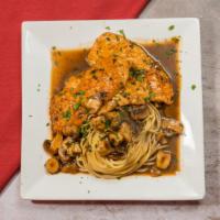 Marsala · Sautéed chicken breast or veal medallions, mushrooms, marsala wine sauce spaghetti.