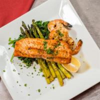 Salmon And Shrimp · Grilled salmon, grilled shrimp, bed of spinach, asparagus.