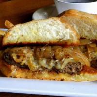 Angus Burger Dip (D) · Painted Hills 100% chuck patty/swiss cheese/caramelized onions/garlic buttered French roll/ ...