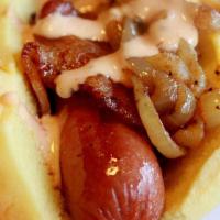 Bob Dog (D) · Nathans Famous gourmet hot dog, thick peppered bacon, grilled onions and BOB sauce