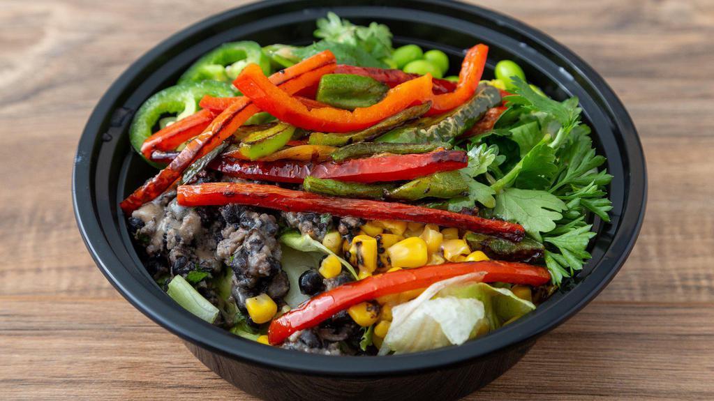 Buddha Bowl · Carbs: 27G | Fats: 25G | Protein 17G

Jalapeños| Charred Corn | Soybeans | Sauteed Bell Peppers | Black Beans | Cucumbers
House Red Wine Vinaigrette