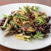 Mixed Green Salad · Red radish, yellow wax beans, English cucumber, toasted sunflower seeds, crispy shallots, he...
