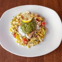 Char Grilled Swordfish · Basmati rice, garden vegetable succotash, chermoula, grilled lemon