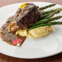 Grilled Filet Mignon* · Whipped mashed potatoes, grilled asparagus, porcini marsala sauce
