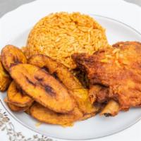 Jollof Rice Combo · Rice, plantain and 2 pieces of meat (fish, goat meat and/or chicken.)