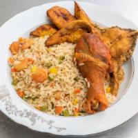 Fried Rice Combo · Rice, plantain and 2 pieces of meat (fish, goat meat and/or chicken.)