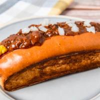 Chili Dog · All beef hotdog, toasted potato bun, mustard, chili, onions.