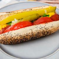 Chicago Dog · All  Beef Hotdog,  poppy seed bun, green relish, fresh onions, fresh tomatoes, dill, sport p...