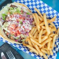 Gyro · Traditional style lamb/beef seasoned meat, lettuce, tomatoes, diced red onions, tzatziki sau...