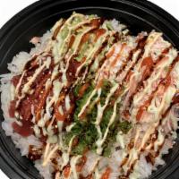 Ahi Tower Rice Bowl · Spicy tuna, crab mix, avocado and sushi rice w/ wasabi sauce, eel sauce, sriracha and spicy ...