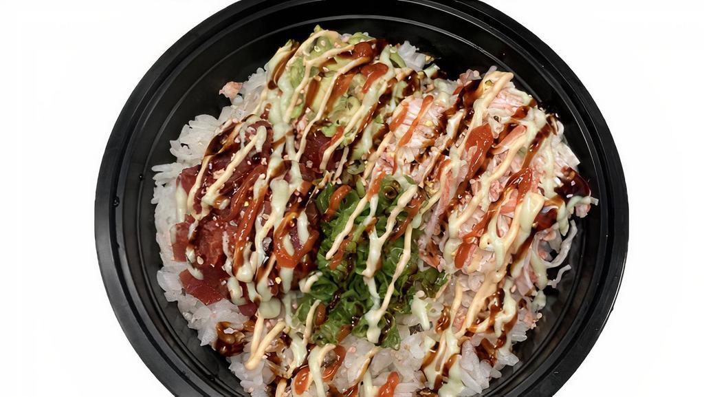 Ahi Tower Rice Bowl · Spicy tuna, crab mix, avocado and sushi rice w/ wasabi sauce, eel sauce, sriracha and spicy mayo