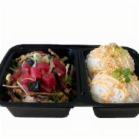 Tuna Poke · Tuna, wakame, onions, fried onions, spring mix and side of rice with spicy mayo and scallions