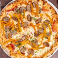 Rustica · Tomato sauce, mozzarella, sausage, and roasted peppers.