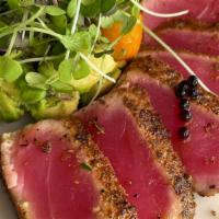 Seared Tuna · Lightly seared tuna served with avocado salad.