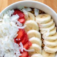 Brazilian Bowl (Regular) · base: Amazonian acai, banana toppings: granola, banana, strawberry, and coconut flakes.